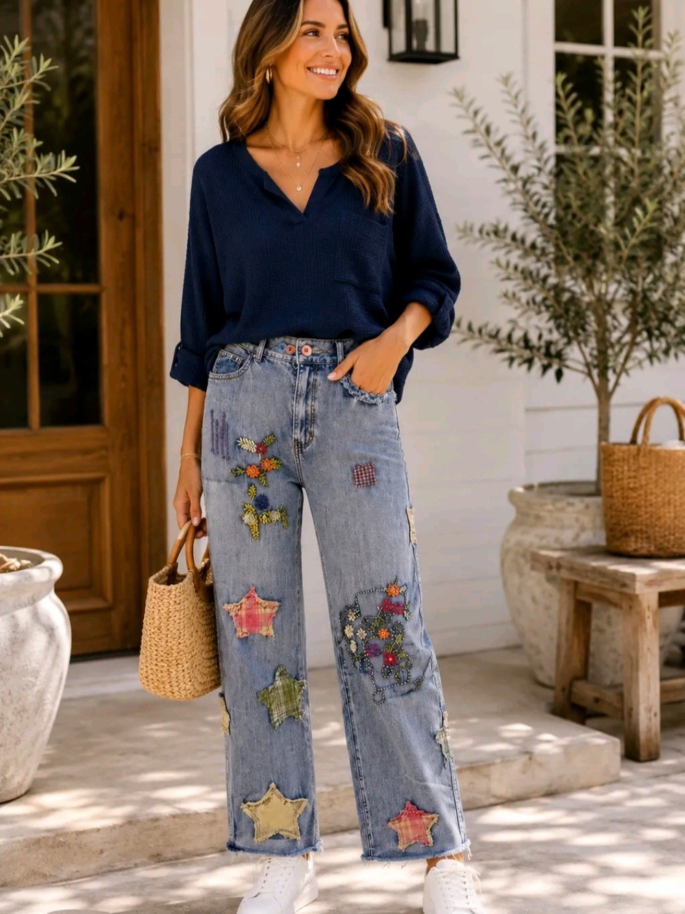 Blue Velvet Boho Embroidered Patchwork  Jeans - Picture 2 of 11